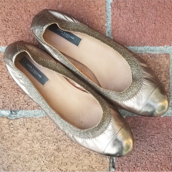 Ann Taylor Bronze Gold Metallic Leather Cap Toe Ballet Flats - Picture 7 of 13